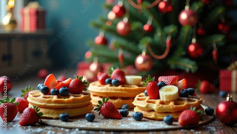 Delicious waffle stacks adorned with fruits and surrounded by festive tree decorations on a dark backdrop.