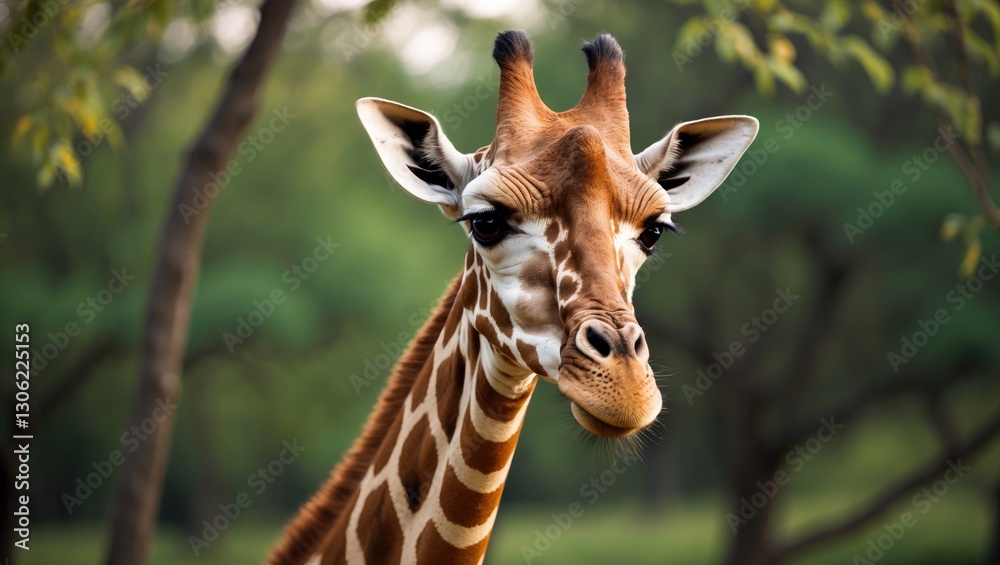Obraz premium Close-up of a giraffe against a backdrop of green trees