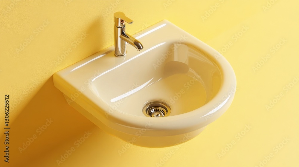 Unique small sink with modern faucet against bright yellow wall in minimalistic setting Unique small sink with modern faucet against bright yellow wall in minimalistic setting