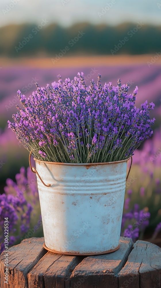 Lavender blooms in bucket, field background Lavender blooms in bucket, field background