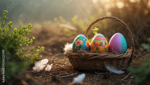 Spring celebration coloring page featuring three decorated eggs in a countryside setting.