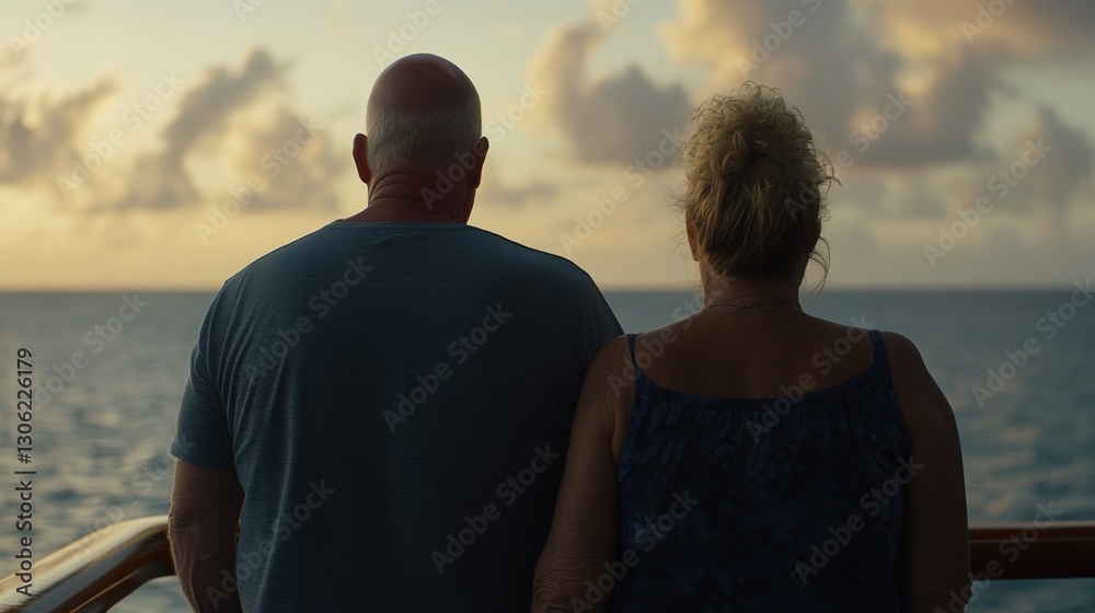 Fototapeta premium A senior man and woman stand together on a ship's deck, gazing at the horizon during a golden hour cruise, embodying joy in their retirement