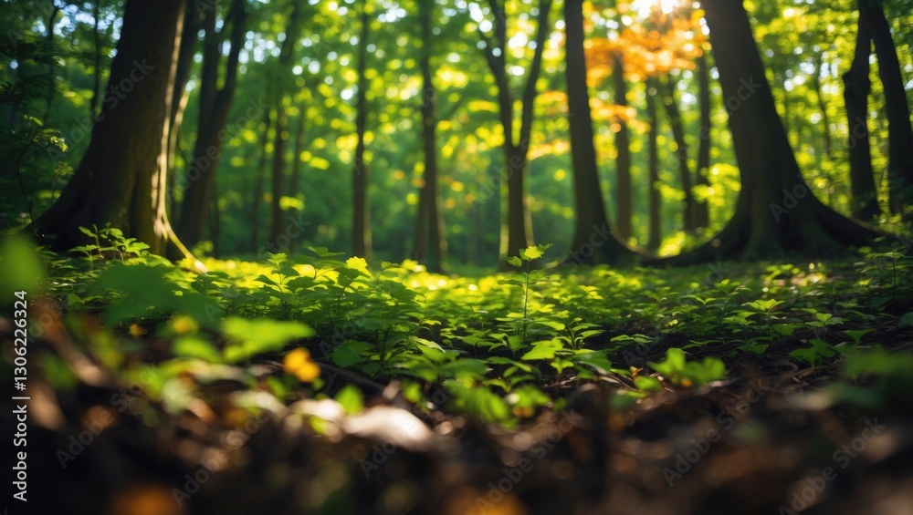 A view from ground level of a lush forest featuring tall trees during spring or early summer. A view from ground level of a lush forest featuring tall trees during spring or early summer.