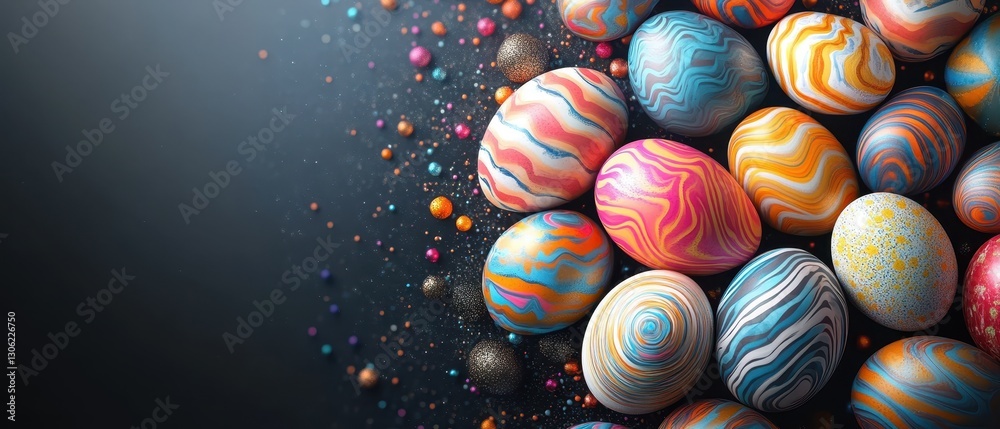Obraz premium Colorful Easter Eggs with Vibrant Patterns on Dark Background