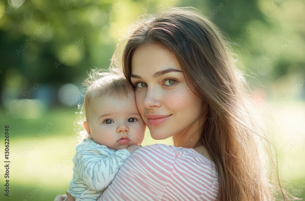 a beautiful young woman holding her baby girl in a pink outfit, with a green grass background. a beautiful young woman holding her baby girl in a pink outfit, with a green grass background.