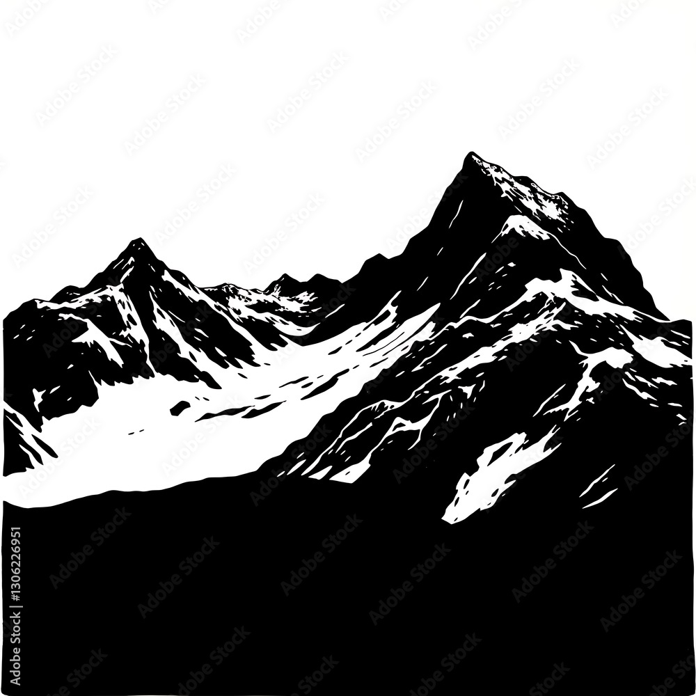 Majestic Mountain Range Silhouette in Bold Woodcut Style