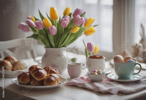 A cozy scene of a breakfast table set for Easter morning, featuring hot cross buns, decorated eggs, a vase of tulips, and a small gift box wrapped with a pastel ribbon.