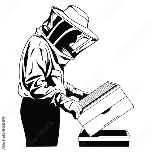Beekeeper in Protective Gear Silhouette, Vector, Icon, Logo, White Background.