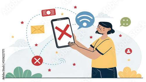 Digital detox concept with person holding tablet displaying red cross, symbolizing disconnection from digital communication. background features various communication icons like messages and