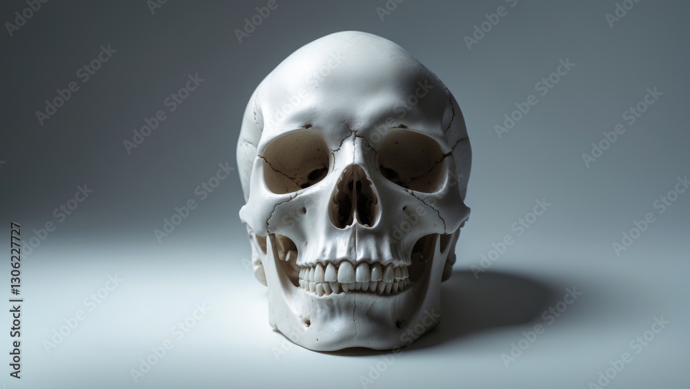 Frontal view of a human skull displayed against a white background. Frontal view of a human skull displayed against a white background.