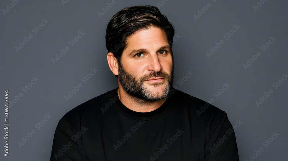 Serious Adult Male Portrait With Dark Hair Smiling In Front Of Black Serious Adult Male Portrait With Dark Hair Smiling In Front Of Black