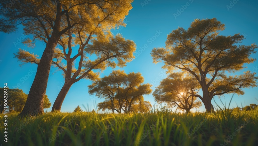 Obraz premium Lush trees beneath a bright blue sky