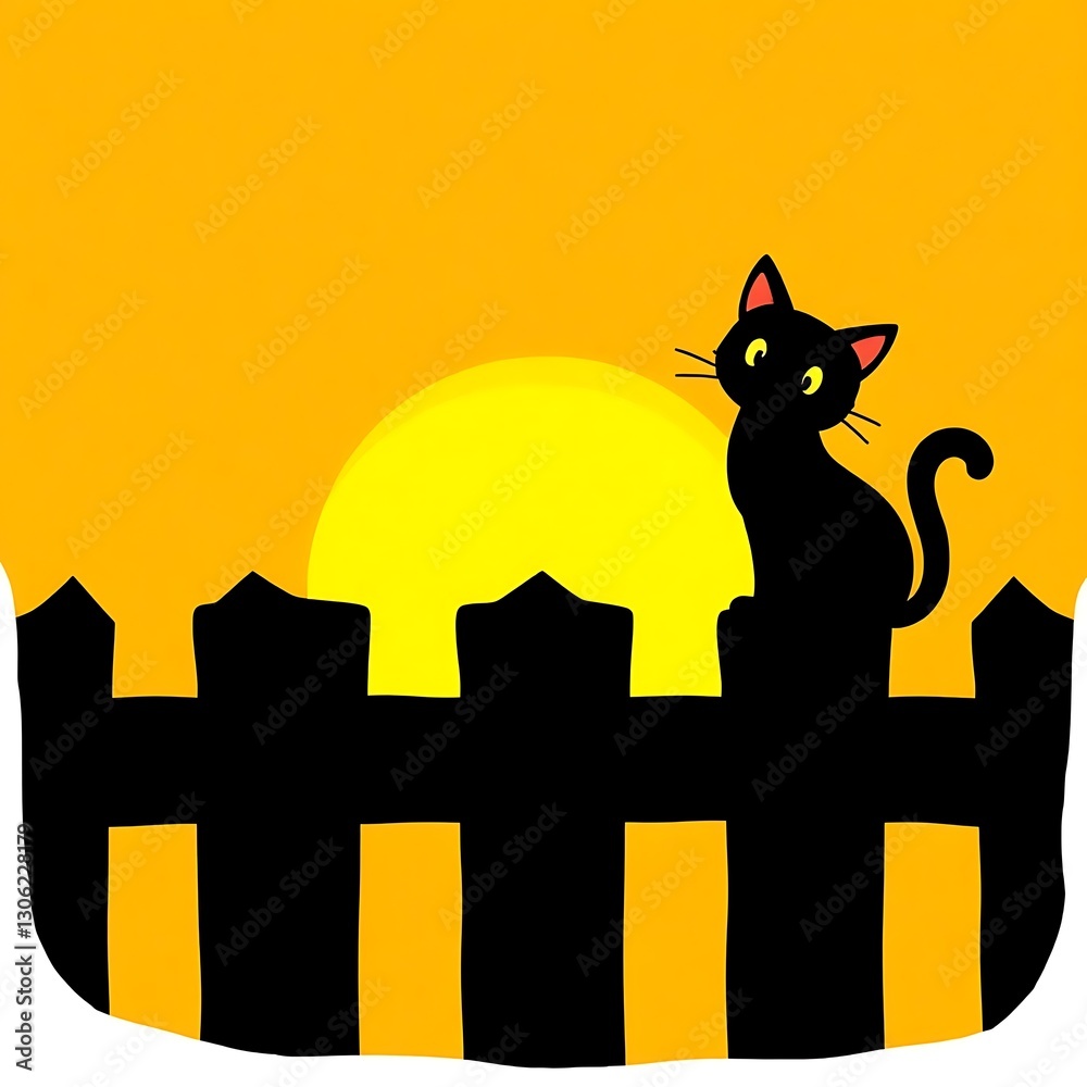 Whimsical Cat Silhouette on Fence at Sunset - Vector Art Illustration