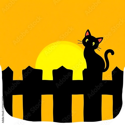Obraz na płótnie Whimsical Cat Silhouette on Fence at Sunset - Vector Art Illustration w salonie