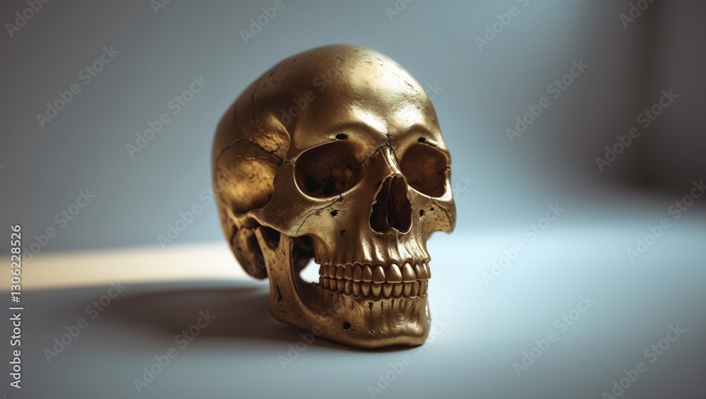 Shining gold skull against a white backdrop Shining gold skull against a white backdrop