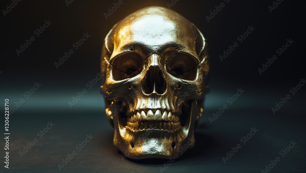Fototapeta premium Isolated Golden Human Skull Against a Dark Background
