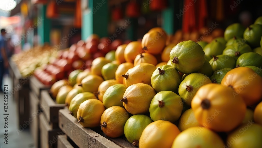 Close-up view of a market display featuring Cattley guavas for sale. Close-up view of a market display featuring Cattley guavas for sale.