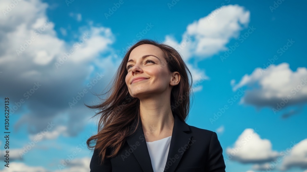 Businesswoman stands outdoors in a tailored suit, gazing upwards with a confident smile against a clear blue sky, embodying success and ambition Businesswoman stands outdoors in a tailored suit, gazing upwards with a confident smile against a clear blue sky, embodying success and ambition
