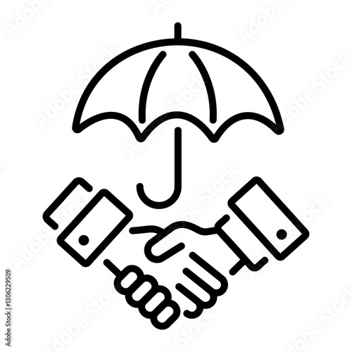 A line icon of handshake under umbrella depicting reliability 