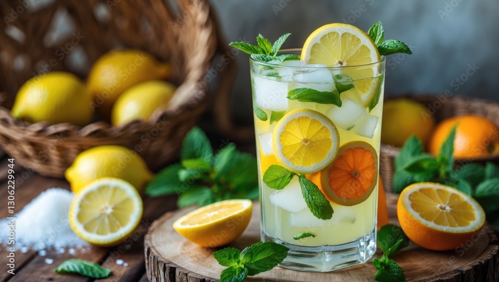Fototapeta premium Homemade citrus lemonade in a glass with lemon, orange, mint, and ice. Ingredients for refreshing lemonade.