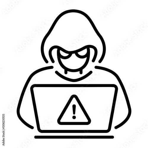 A line style icon of a character with a laptop showing hacker alert 