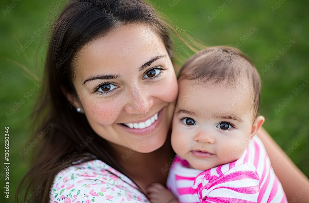 a beautiful young woman holding her baby girl in a pink outfit, with a green grass background. a beautiful young woman holding her baby girl in a pink outfit, with a green grass background.