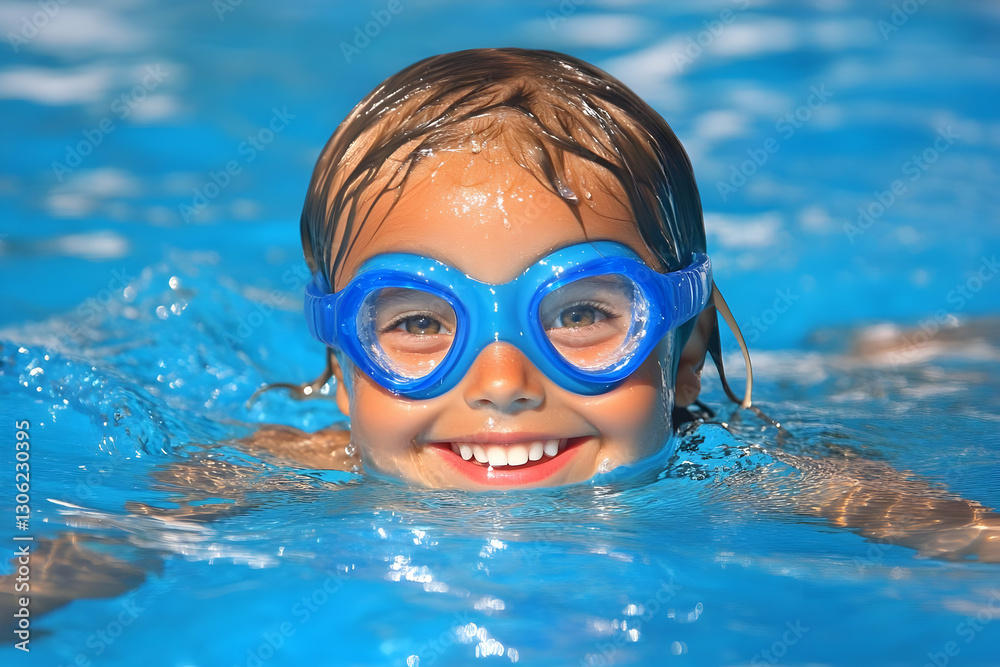 Naklejka premium Smiling Child Swimming In Blue Pool Water With Goggles Photo