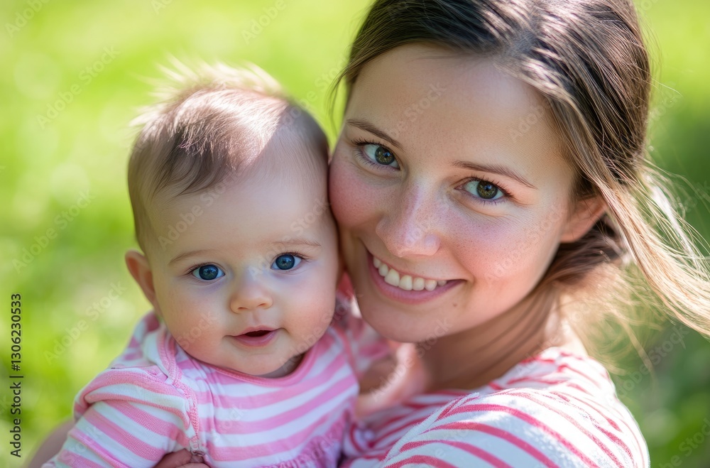 a beautiful young woman holding her baby girl in a pink outfit, with a green grass background. a beautiful young woman holding her baby girl in a pink outfit, with a green grass background.