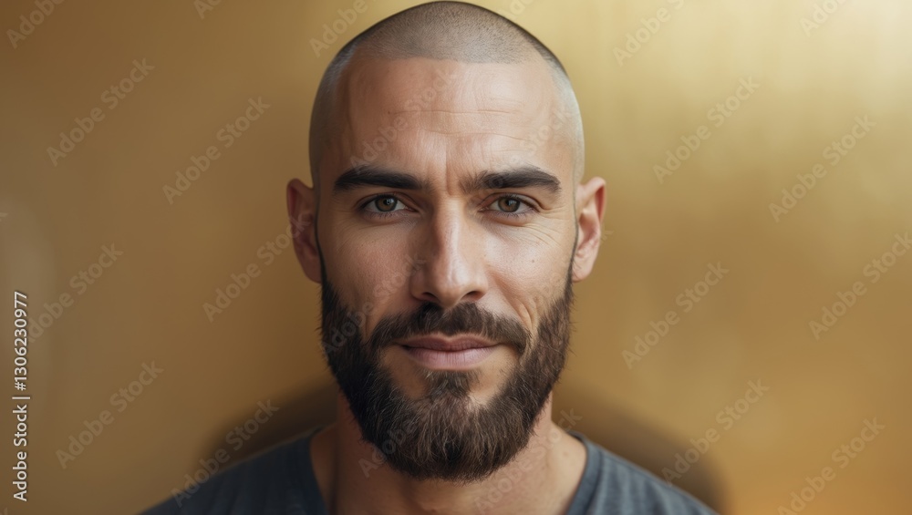 Fototapeta premium Man with a shaved head and a beard is standing in front of a gold background.