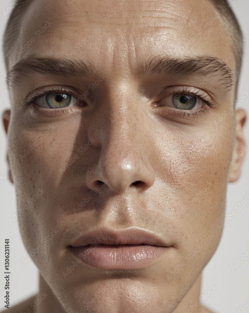 Extreme closeup of male skin texture and clarity under bright studio lighting highlighting large pores on nose. Extreme closeup of male skin texture and clarity under bright studio lighting highlighting large pores on nose.