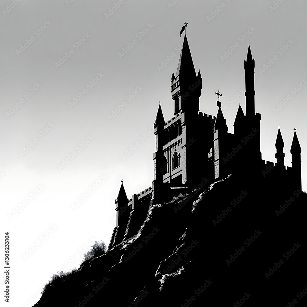 Gothic Black and White Castle Silhouette on Hill - Detailed Digital Art