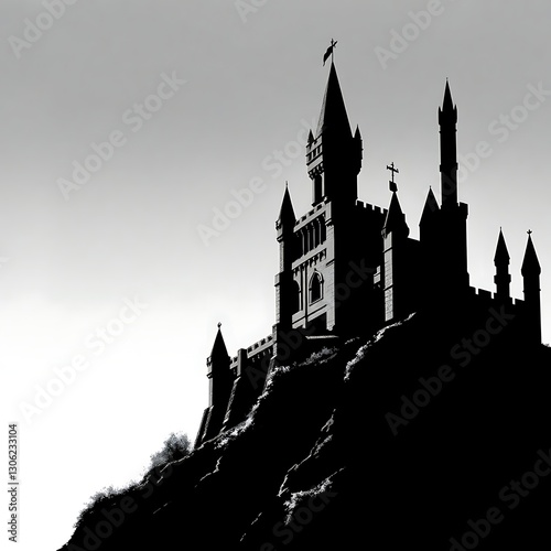 Obraz na płótnie Gothic Black and White Castle Silhouette on Hill - Detailed Digital Art w salonie