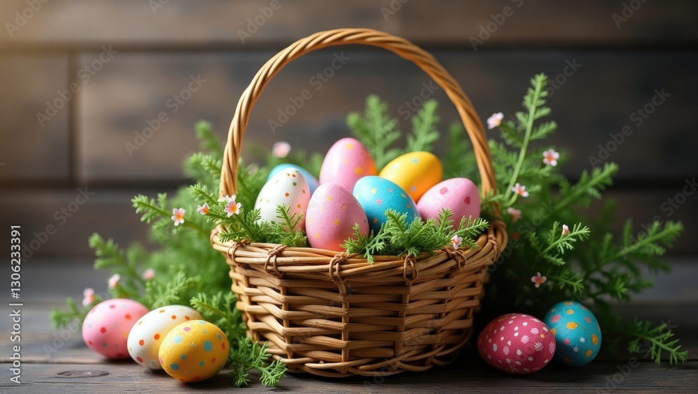 Colorful Easter eggs arranged in a woven basket on a wooden surface surrounded by faux greenery. Colorful Easter eggs arranged in a woven basket on a wooden surface surrounded by faux greenery.