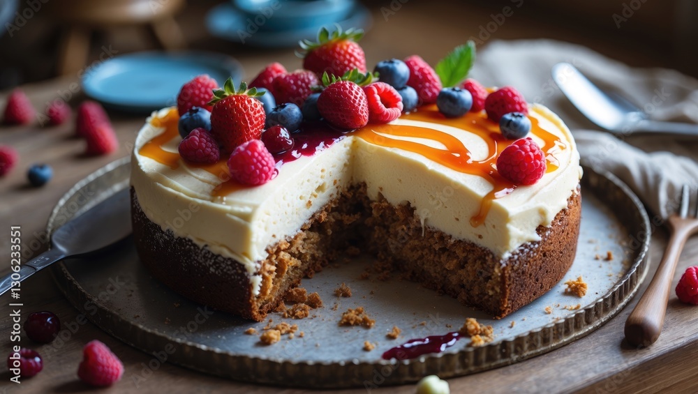 Homemade carrot cake topped with cream cheese, mixed berries (raspberries, strawberries, blueberries), cherry preserve, and orange caramel. Half of the cake displayed on a platter with selective fo... Homemade carrot cake topped with cream cheese, mixed berries (raspberries, strawberries, blueberries), cherry preserve, and orange caramel. Half of the cake displayed on a platter with selective fo...