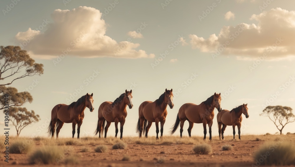 Fototapeta premium Group of wild brumbies roaming in the Australian wilderness