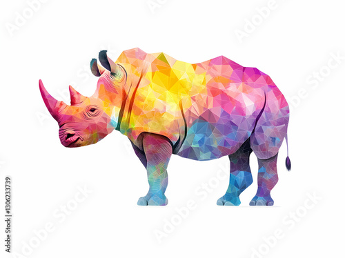 Striking rhinoceros illustration with a unique geometric design and vibrant colorful facets