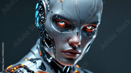 A detailed close-up of a female cyborg's face, showcasing her advanced technology and striking orange eyes.  A blend of human and machine aesthetics.
