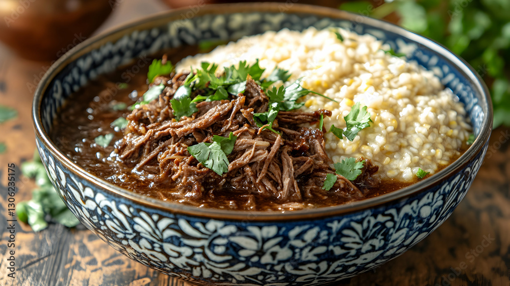 Traditional Botswana Seswaa Dish, Slow-Cooked Beef Delight in Decorative Bowl Traditional Botswana Seswaa Dish, Slow-Cooked Beef Delight in Decorative Bowl