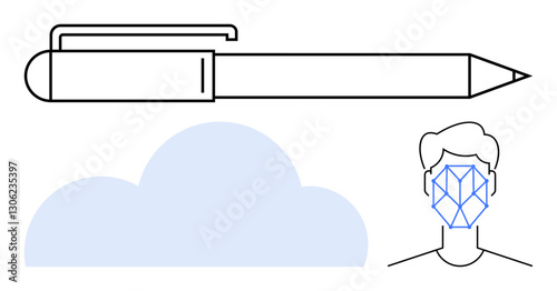 Pen, cloud, and stylized human face with geometric facial recognition mesh. Ideal for technology, digital security, cloud computing, biometrics, identity verification, artificial intelligence