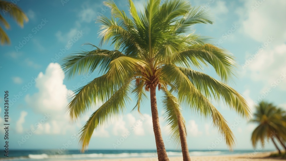 Tropical palms with green leaves and brown trunks embody the essence of summer vacations and beach getaways. Cartoonish depiction of exotic beach trees along the sand. Tropical palms with green leaves and brown trunks embody the essence of summer vacations and beach getaways. Cartoonish depiction of exotic beach trees along the sand.