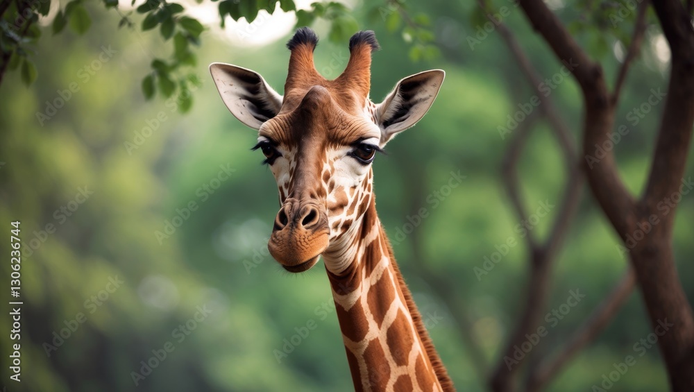 Giraffe close-up against a backdrop of leafy trees Giraffe close-up against a backdrop of leafy trees