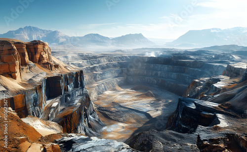 Vast Quarry Landscape Under a Clear Sky, showcasing the expansive industrial extraction and rugged terrain photo