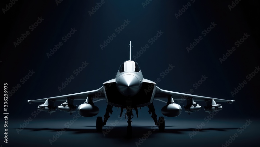 Fototapeta premium Eurofighter combat jet fully equipped in a dark backdrop, front perspective rendering.