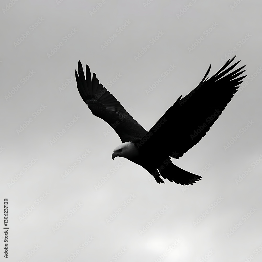 Fototapeta premium Majestic Eagle Silhouette Soaring Against Moody Overcast Sky in Bold Black and Gray Tones