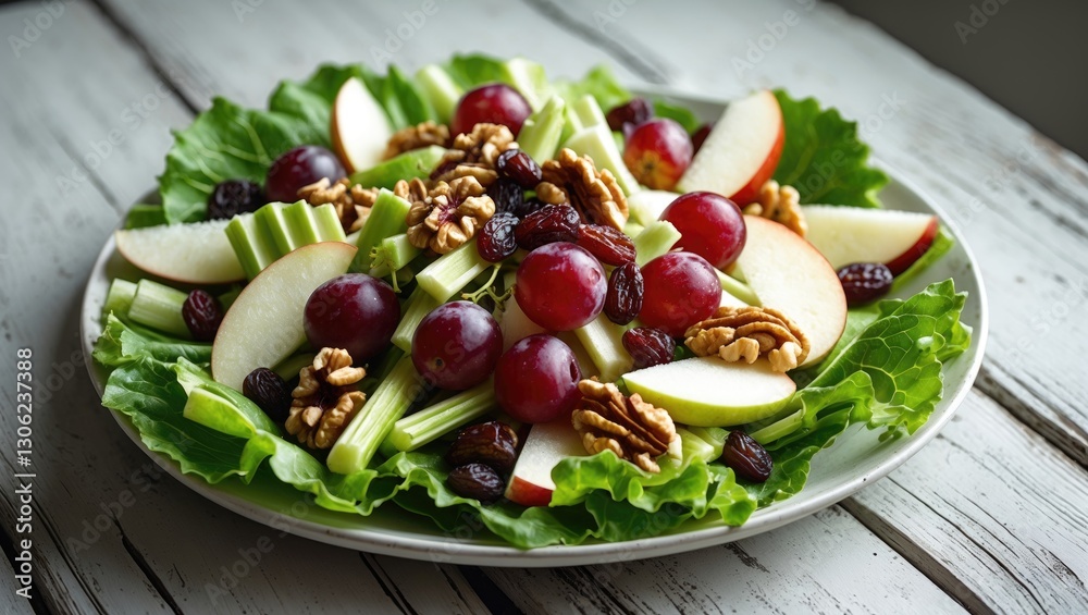 Waldorf salad featuring red grapes, celery, fresh green apple slices, walnuts, and raisins atop crisp lettuce leaves, served on a white plate against a wooden table backdrop, vertical angle. Waldorf salad featuring red grapes, celery, fresh green apple slices, walnuts, and raisins atop crisp lettuce leaves, served on a white plate against a wooden table backdrop, vertical angle.