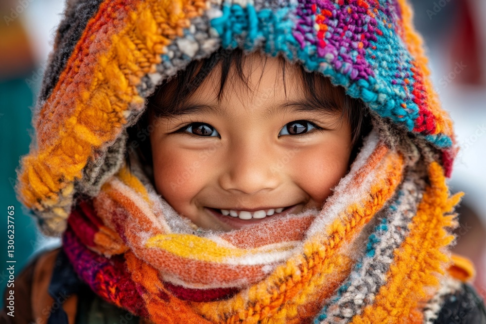 A young child receiving a warm blanket from a charity worker, their smile capturing a moment of pure joy