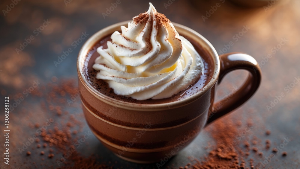 Cream and cocoa powder make a delightful topping for a mug of hot chocolate. Cream and cocoa powder make a delightful topping for a mug of hot chocolate.