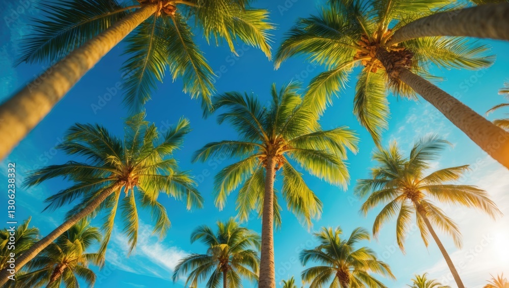 Perspectives of palm trees against a sunny sky viewed from below Perspectives of palm trees against a sunny sky viewed from below