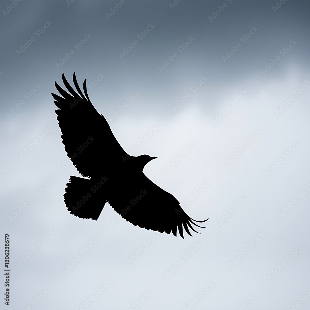Dramatic Black Bird Silhouette in Flight Against Stormy Sky