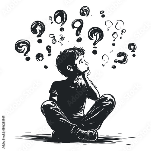 A black and white ink illustration of a young boy sitting cross legged lost in deep thought